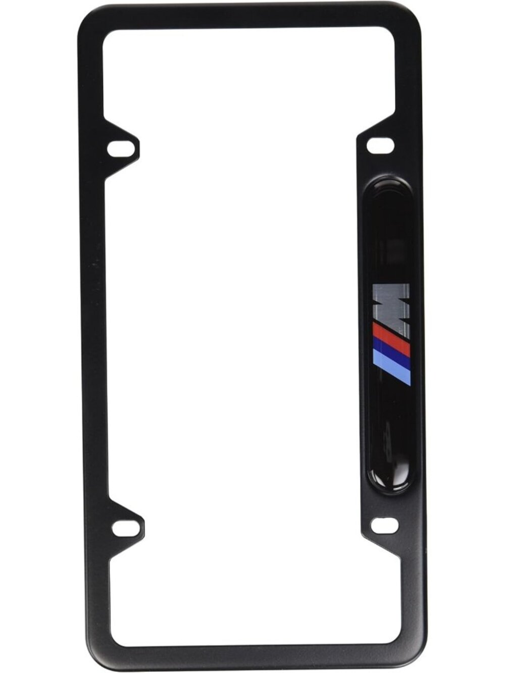 Sleek Black Stainless Steel License Plate Frame with Stylish M Logo Design